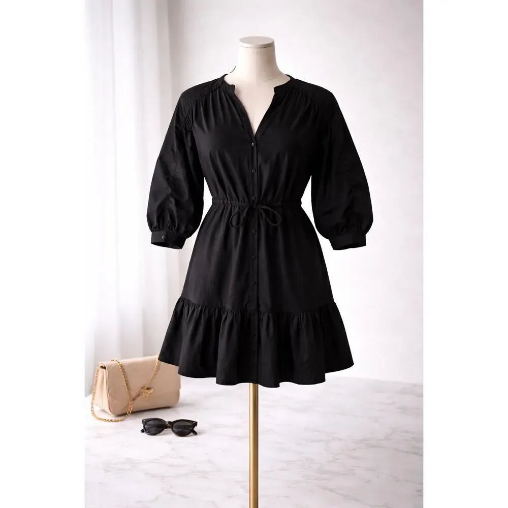 ASTR Label Black Mini Dress Cinched Waist Puff Sleeve Romantic Flowy Babydoll